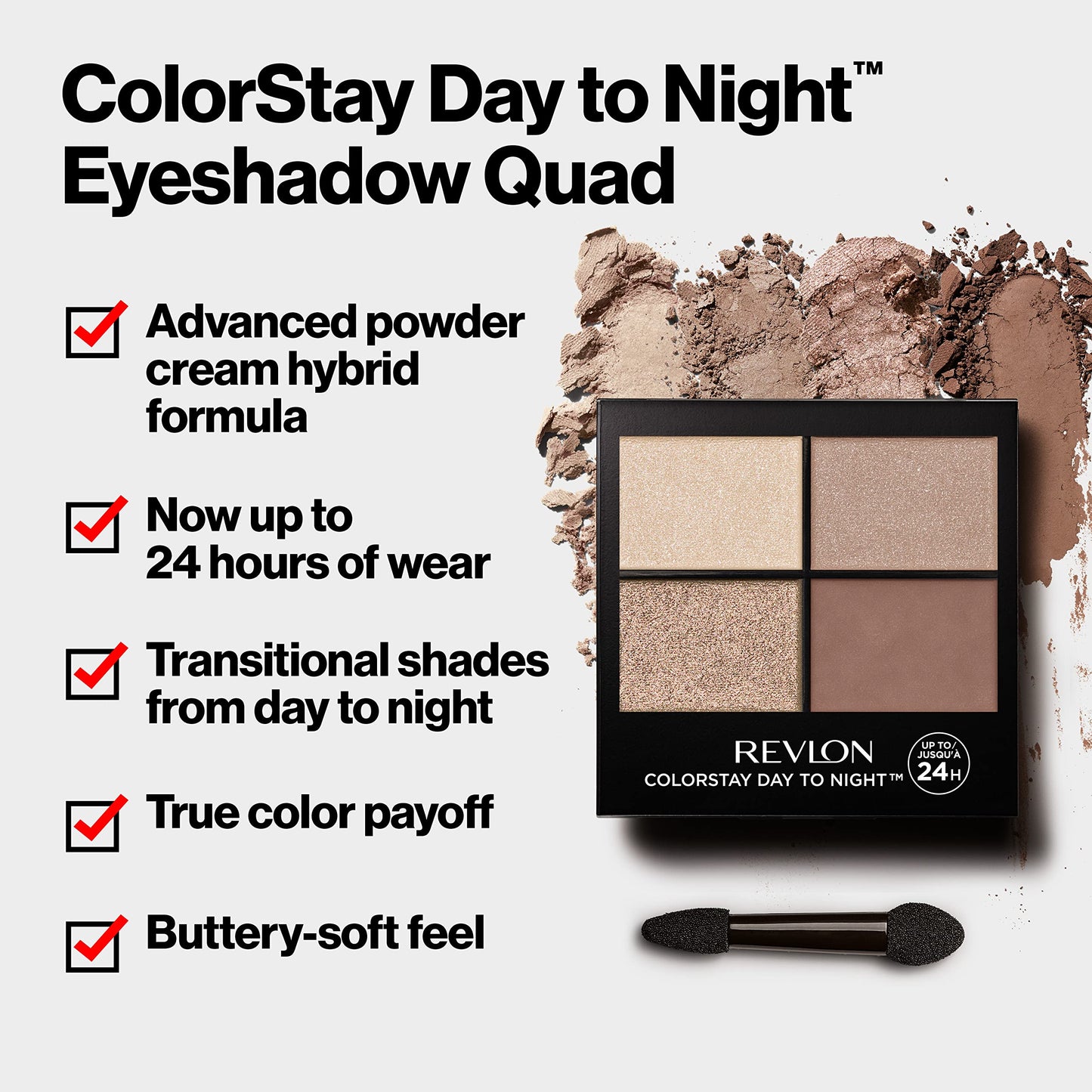 Revlon ColorStay Day to Night Eyeshadow Quad Palette with Transitional Shades, Stocking Stuffer for Her, Buttery Soft Feel, 505 Decadent, 0.16 Oz