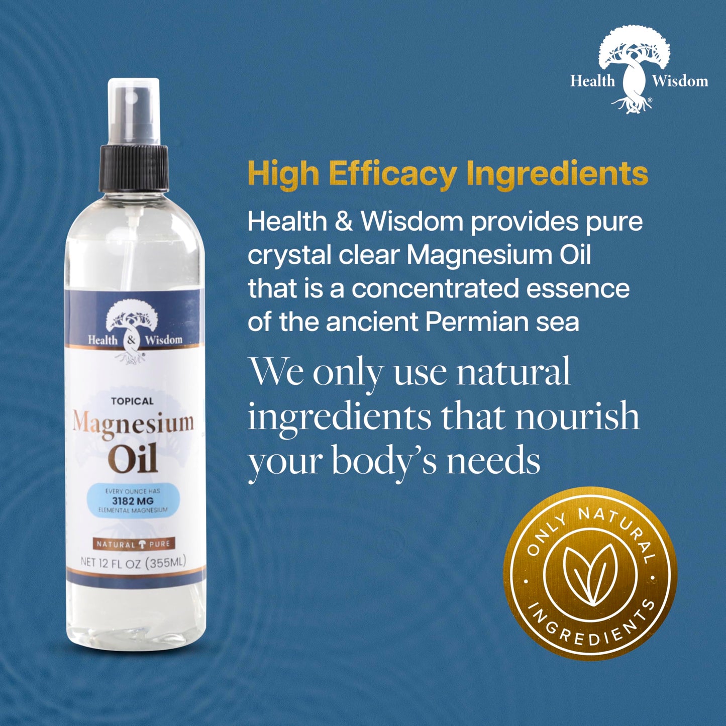 Health & Wisdom Pure Magnesium Oil - Topical Muscle & Joint Relief- Natural and Pure USP Grade Extra Strength Magnesium - Enhanced Absorption - Spray