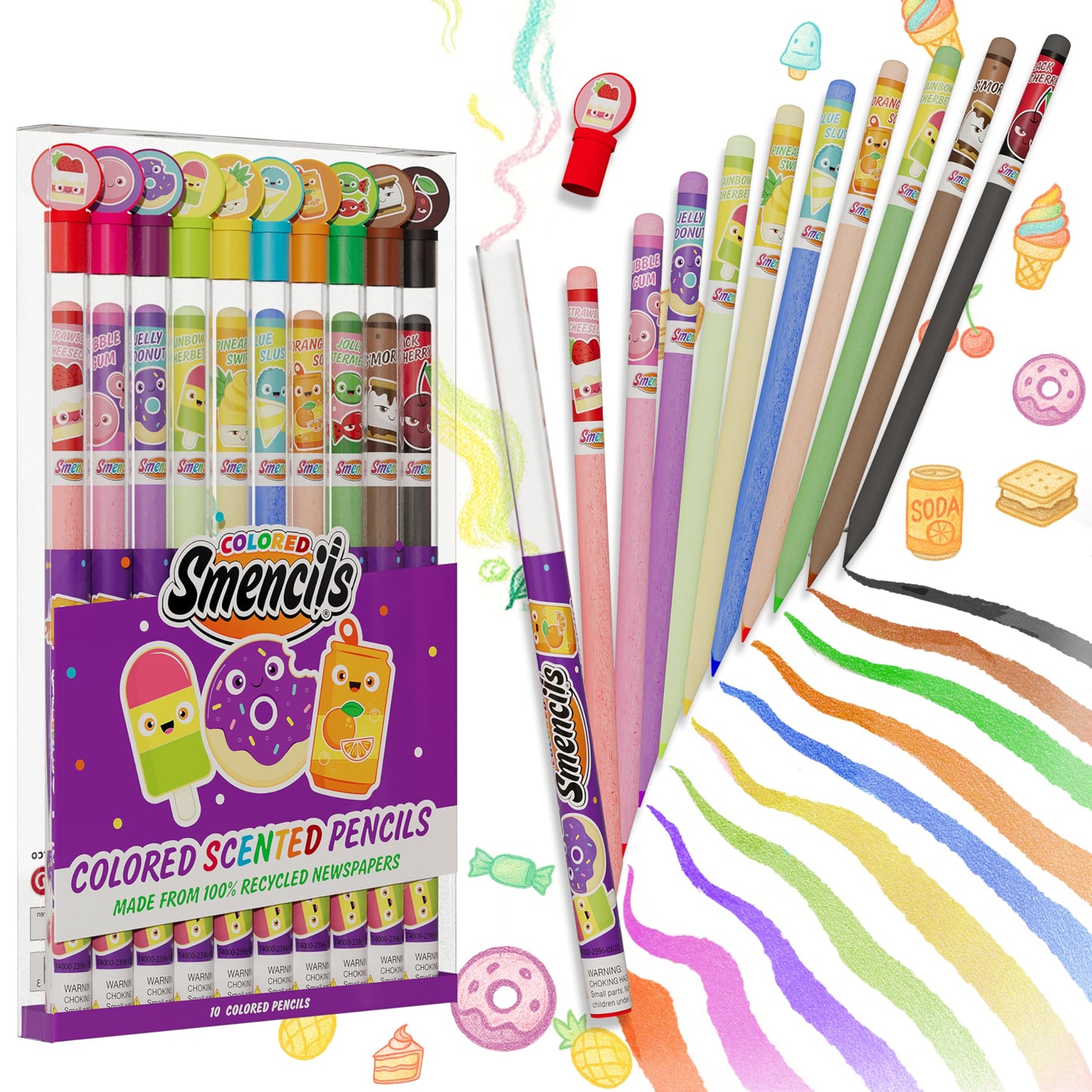 Colored Smencils - Patented Gourmet Scented Colored Pencils made from Recycled Newspapers, 10 Count, Gifts for Kids, School Supplies, Classroom…