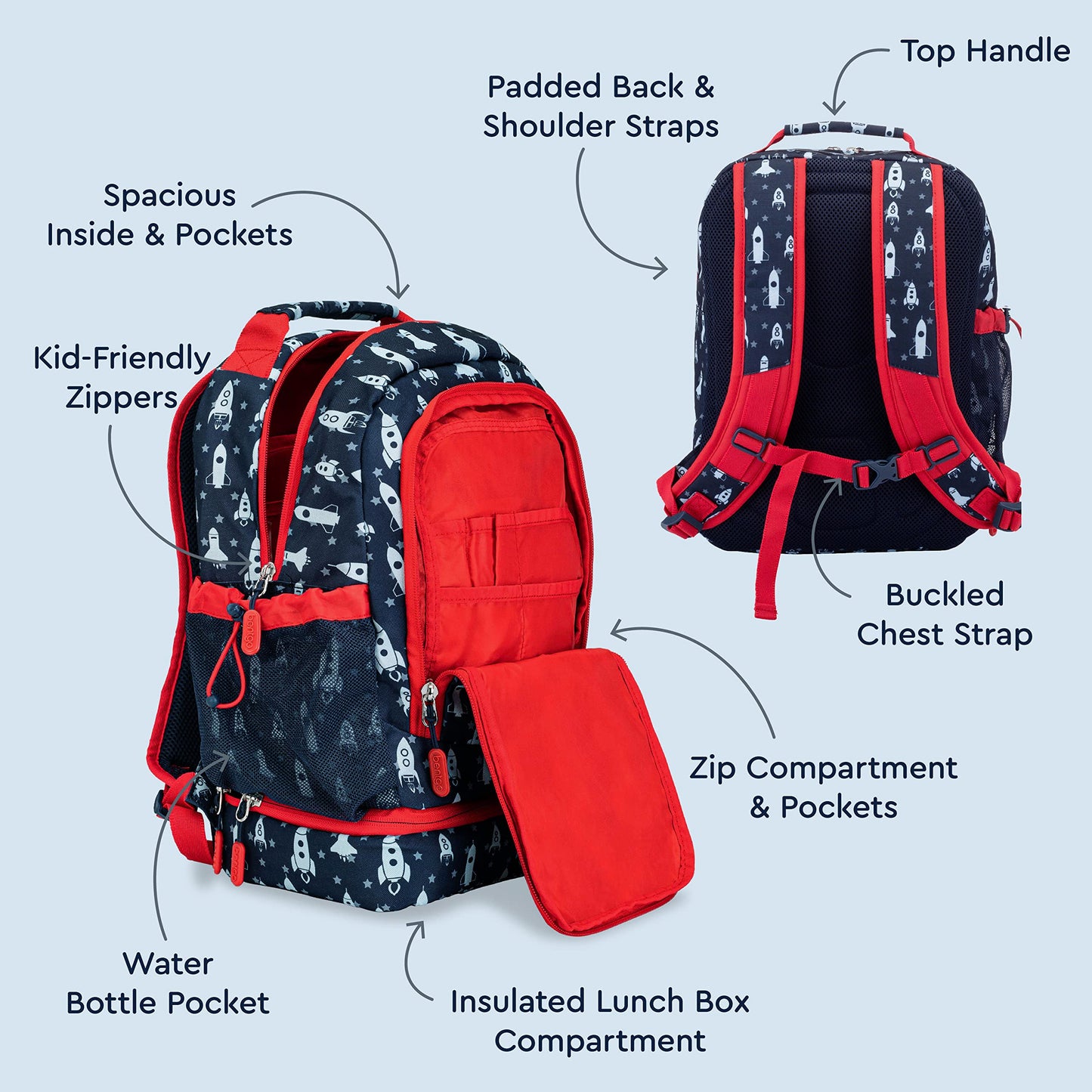 Bentgo Kids 2-in-1 Backpack & Insulated Lunch Bag - Durable 16” Backpack & Lunch Container in Unique Prints for School & Travel - Water Resistant, Padded & Large Compartments (Rocket)