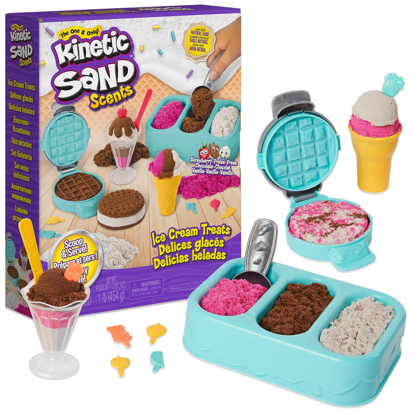 Kinetic Sand Scents, Ice Cream Treats Playset with 3 Colors Scented Play Sand & 6 Tools, Sensory Toys for Kids Ages 3 and up