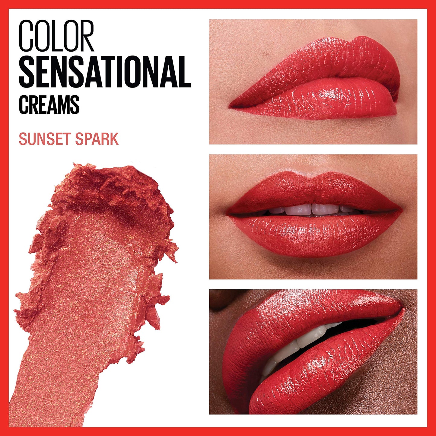 Maybelline New York Color Sensational Lipstick, Lip Makeup, Cream Finish, Hydrating Lipstick, Nude, Pink, Red, Plum Lip Color, Sunset Spark, 0.15 oz;