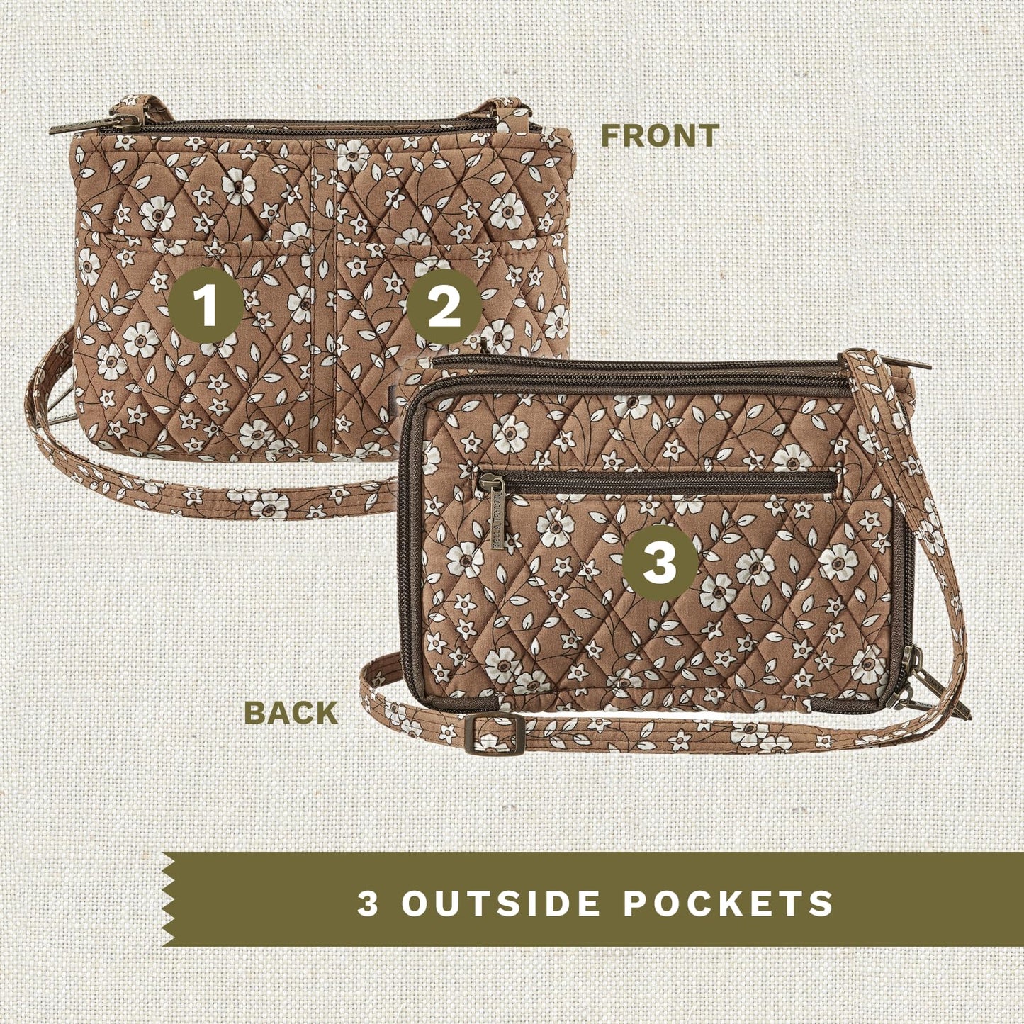 Bella Taylor Essentials Crossbody Purse with Built In Wallet, Quilted Cotton Vintage Vine Brown Floral