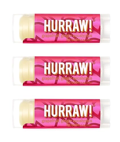 Hurraw! Grapefruit, Ginger, Eucalyptus (Kapha) Lip Balm, 3 Pack: Organic, Certified Vegan, Cruelty and Gluten Free. Non-GMO, 100% Natural Ingredients.