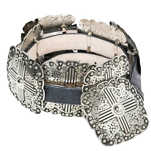 Angel Ranch Ladies Black Floral Embossed Leather Belt with Antique Silver Tone Square Conchos, Removable Buckle, Large