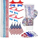 4th of July Outfits for Women, Red White and Blue Face Body Glitter Gel, 9Pcs Necklaces, 6Pcs Silicone Bracelets, 4 Mini USA Flags, 3 Pairs Star