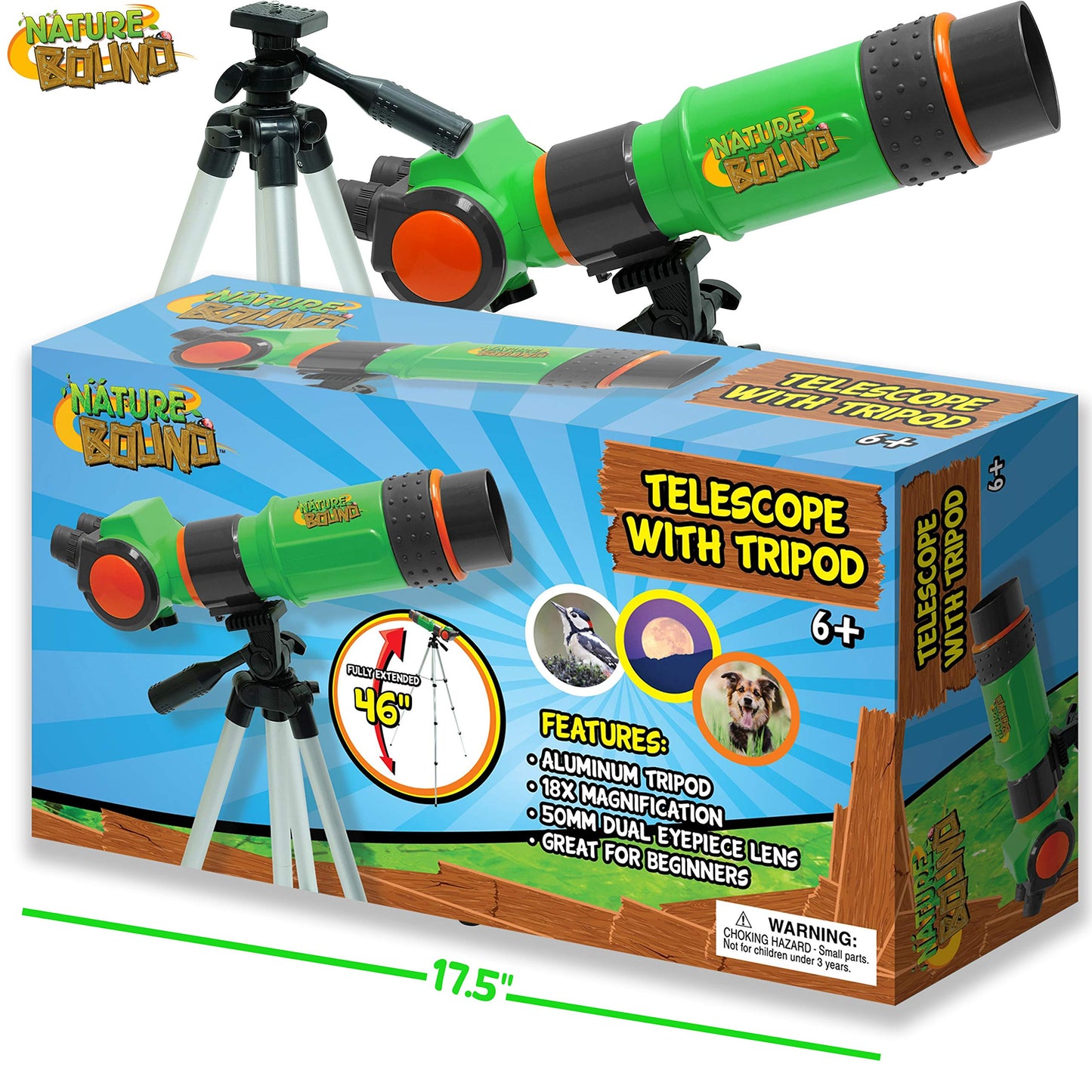 Nature Bound Kids Telescope – 16X Magnification with 15mm Lens, Adjustable Tripod, Indoor & Outdoor Beginner Telescope, Ages 6+, Green (NB538)