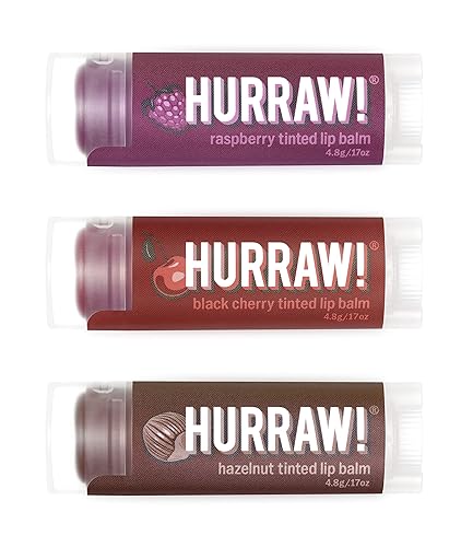 Hurraw! Raspberry Tinted, Black Cherry Tinted, Hazelnut Tinted Lip Balms, 3 Pack Bundle: Organic, Vegan, Cruelty & Gluten Free. Non-GMO, 100% Natural.