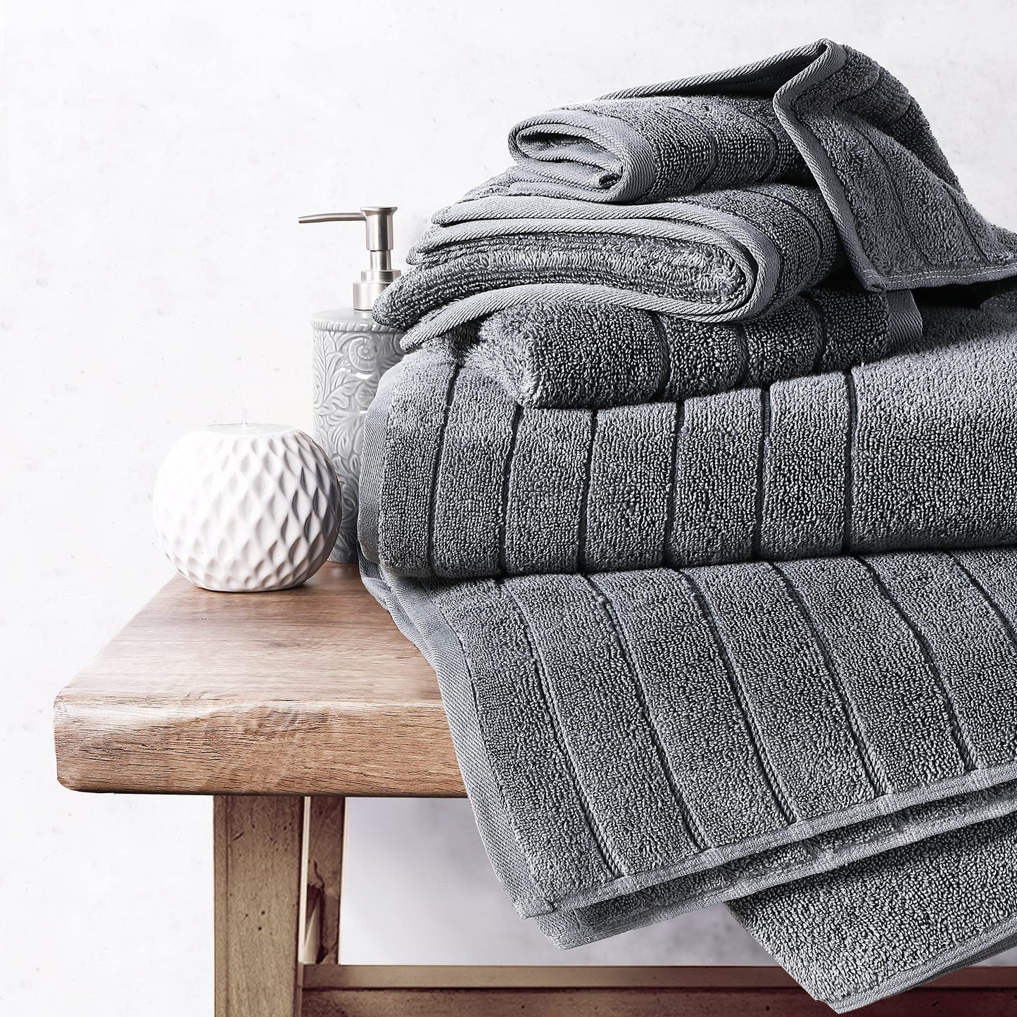 Anne Klein 6-Piece Reverie Towel Set, 2 Bath Towels, 2 Hand Towels, 2 Wash Cloths, 100% Cotton, Grey