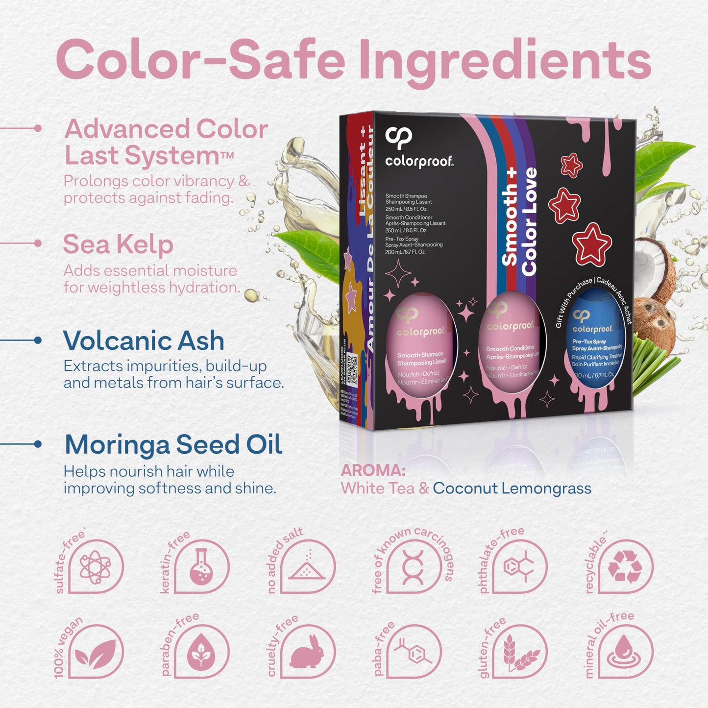 Colorproof Smooth Gift Set - Smooth Shampoo and Conditioner (8.5 Fl. Oz.) with Pre-Tox Spray (6.7 Fl. Oz.) - Color Safe Shampoo and Conditioner Set
