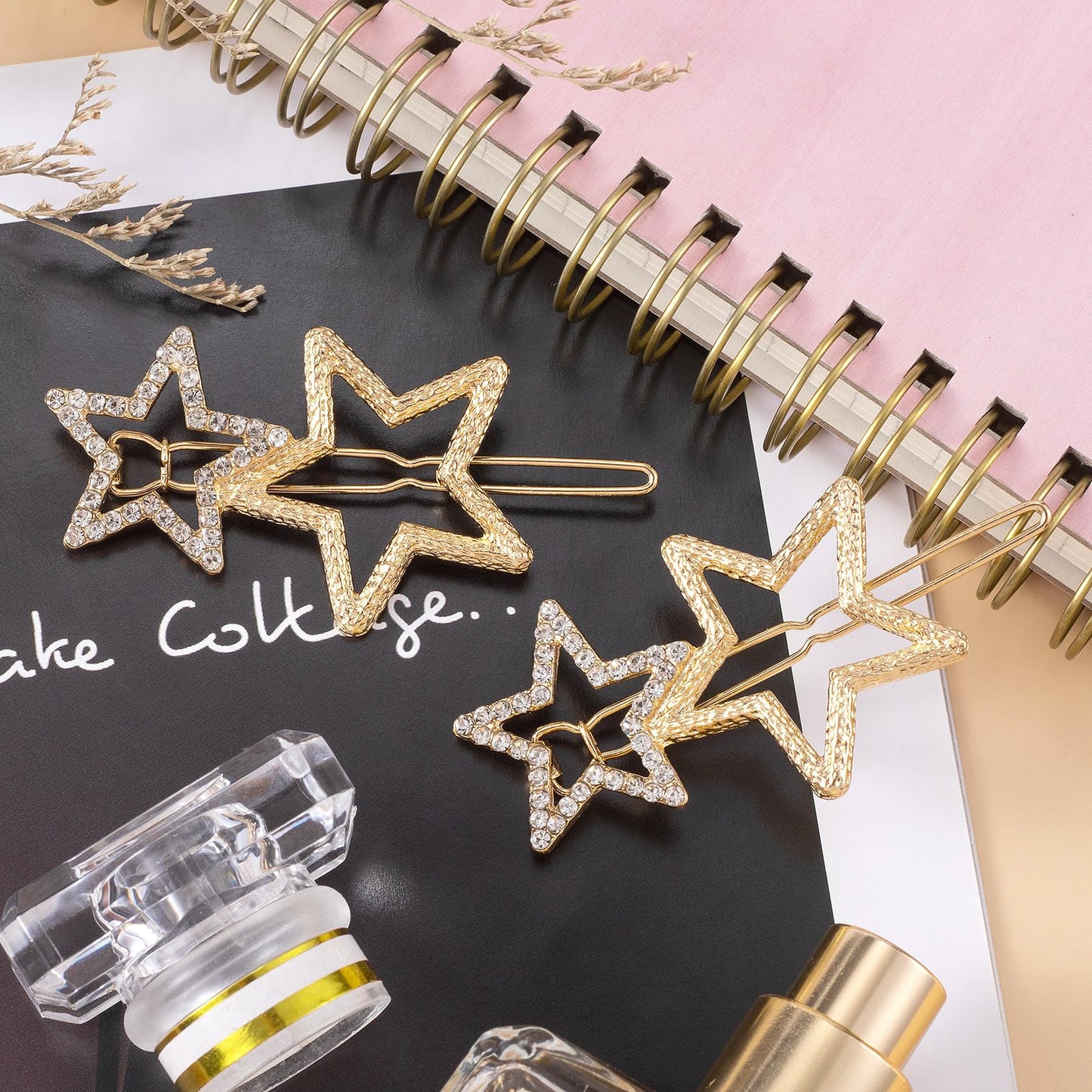 OIIKI Hair Clip, 8pcs Gold Star Hair Barrettes, Hollow Geometric Hair Pins with Rhinestone, Elegant Metal Hair Clips for Women Girls Hair Styling