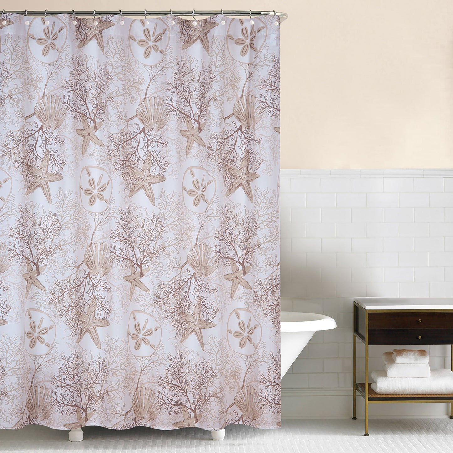 C & F Enterprises Barefoot Landing Brown Sea Life Coral Starfish Shells Cotton Shower Curtain