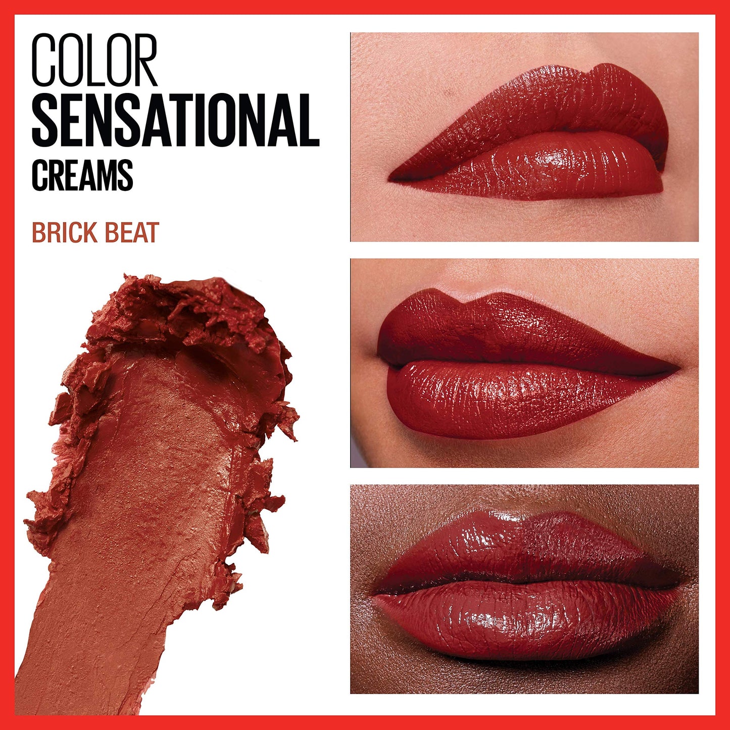 Maybelline Color Sensational Lipstick, Lip Makeup, Cream Finish, Hydrating Lipstick, Nude, Pink, Red, Plum Lip Color, Brick Beat, 0.15 oz; (Packaging