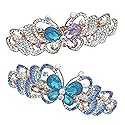 Rhinestone Crystal Barrettes - Set of 2 - Jeweled Butterfly Hair Clips - 1 with Blue Crystals and 1 with Mulit-Colored Crystals - Rose Gold Tone Metal