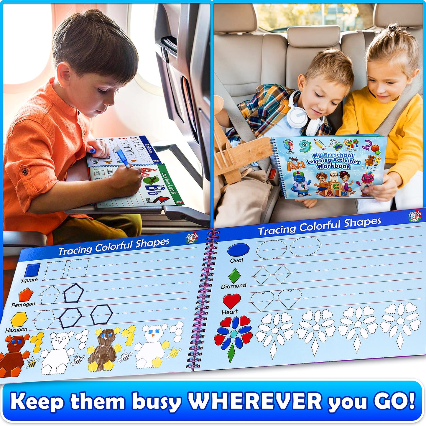 Curious 2 Learn Preschool Learning Workbook – Tracing, Handwriting & Busy Book Activities, Educational Gift for Kids Ages 4+, Blue