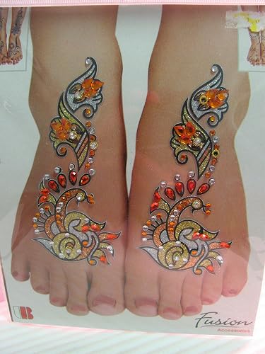 Indian Fashion Art Bollywood Feet Tattoo Sparkling Rhinestone Stick-On Reuseable Bindi (Gold)