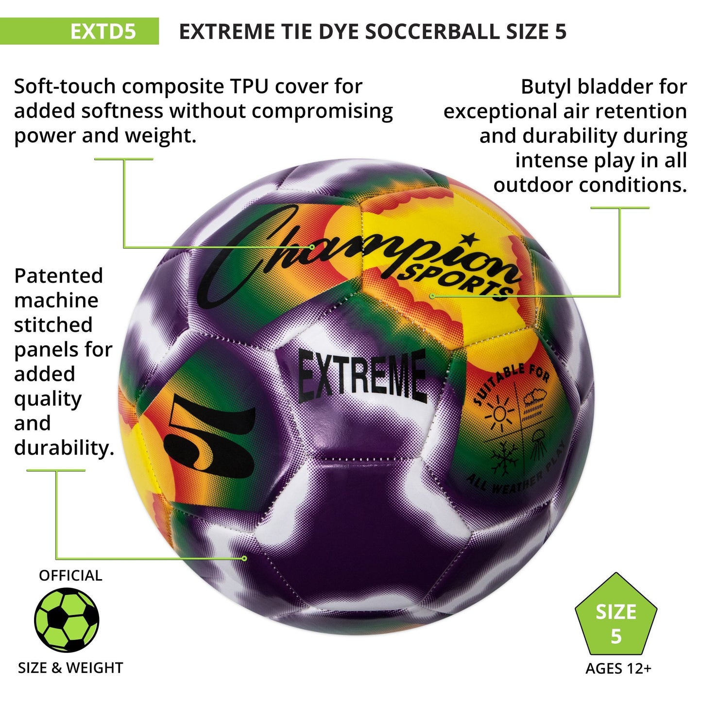 Champion Sports Extreme Tie Dye Size 5 Composite Soccer Ball