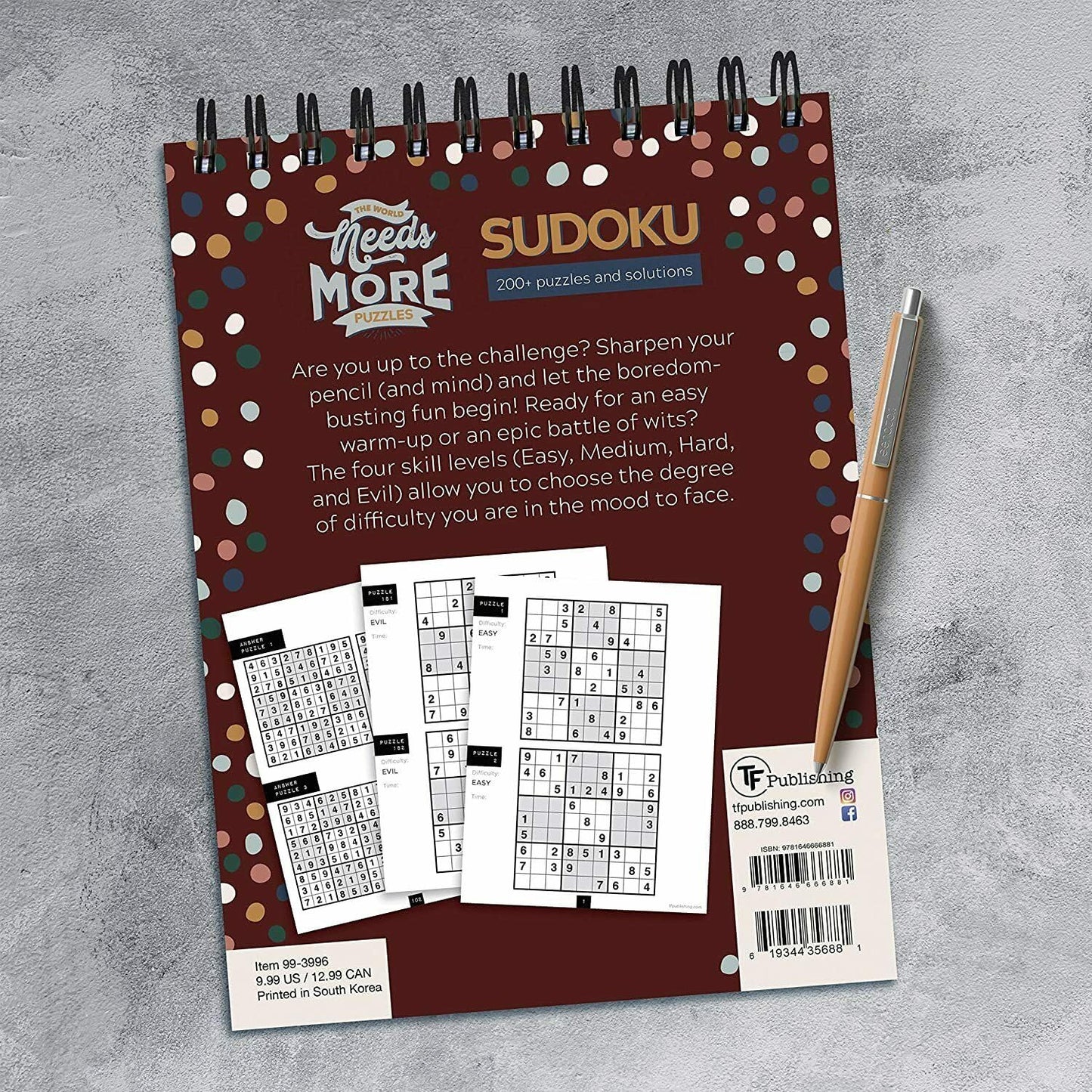 TF Publishing Sudoku Puzzle Book – Spiral Activity Pad with 200+ Puzzles & Solutions, 4 Skill Levels, Brain Booster, 6x8 Size