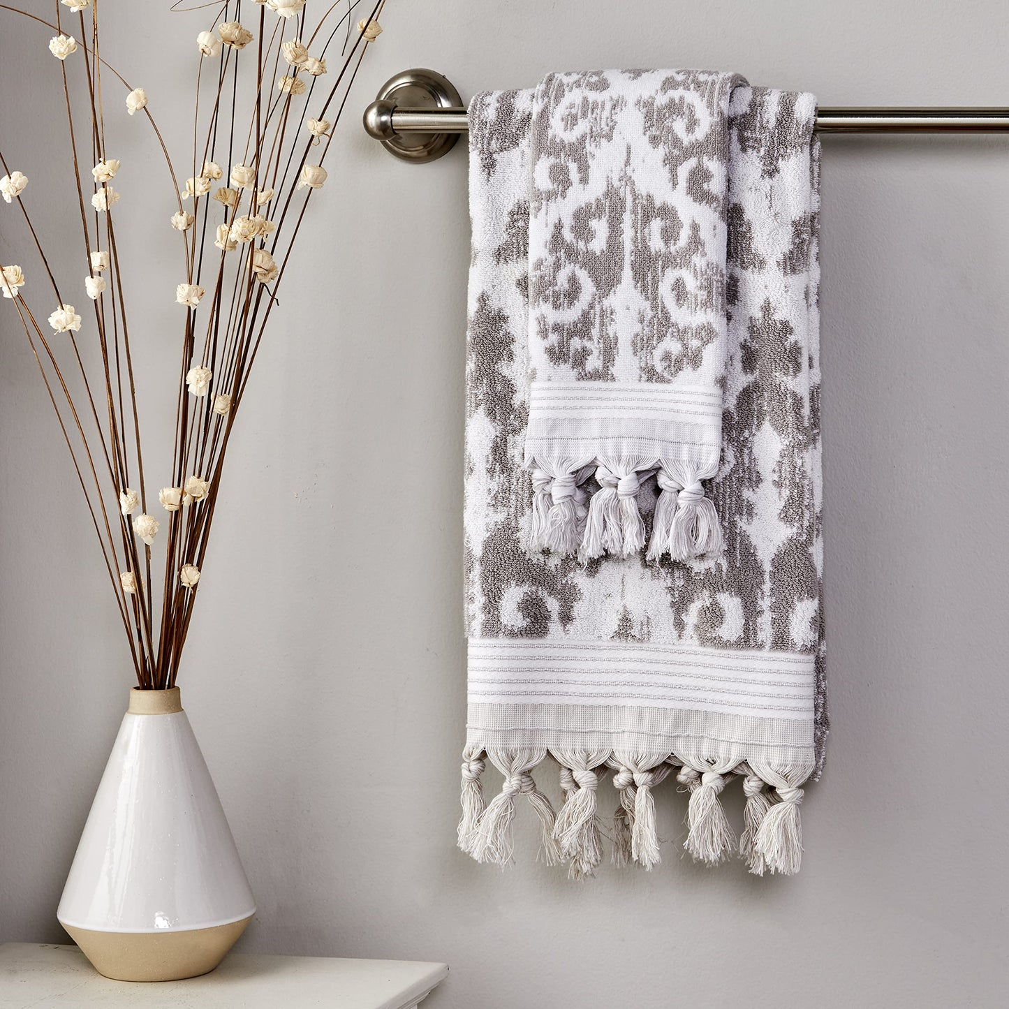 SKL Home Mirage Fringe 100% Turkish Cotton Hand Towel (2-Pack), Taupe , 16x26 in