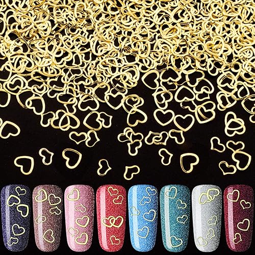 PAGOW 1000pcs 3D Gold Heart Nail Art Metal Charm Kit Love Small Metallic DIY Studs Sequins Valentine Decoration Spring Summer Accessories Gift