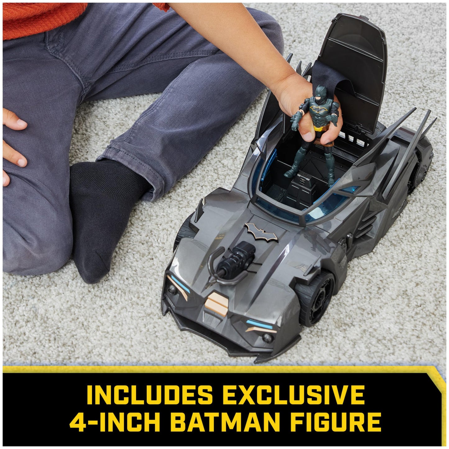 DC Comics Crusader Batmobile Playset – Includes Exclusive 4" Batman Figure & 3 Super-Villain Paper Figures, Kids Ages 4+