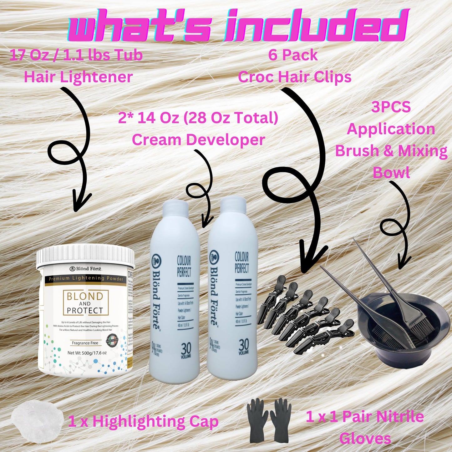 1 Lbs/17 Oz Tub Blond And Protect Premium Hair Lightener 8+ Levels + 13.5 Oz/400 ml Developer Volume & Hair Coloring Brush (Bundle - 5 items) (30