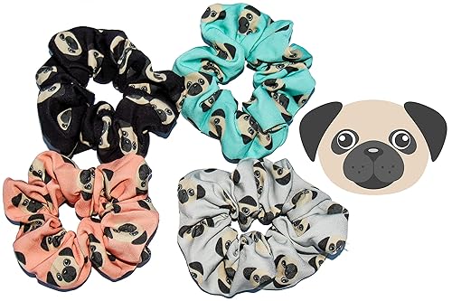 Happie Hare Scrunchies - Cotton Rounds Elastic Hair Bands - Scrunchy Hair Ties - Girls Hair Accessories - Gifts for Women (4 Pack, Pug 2)