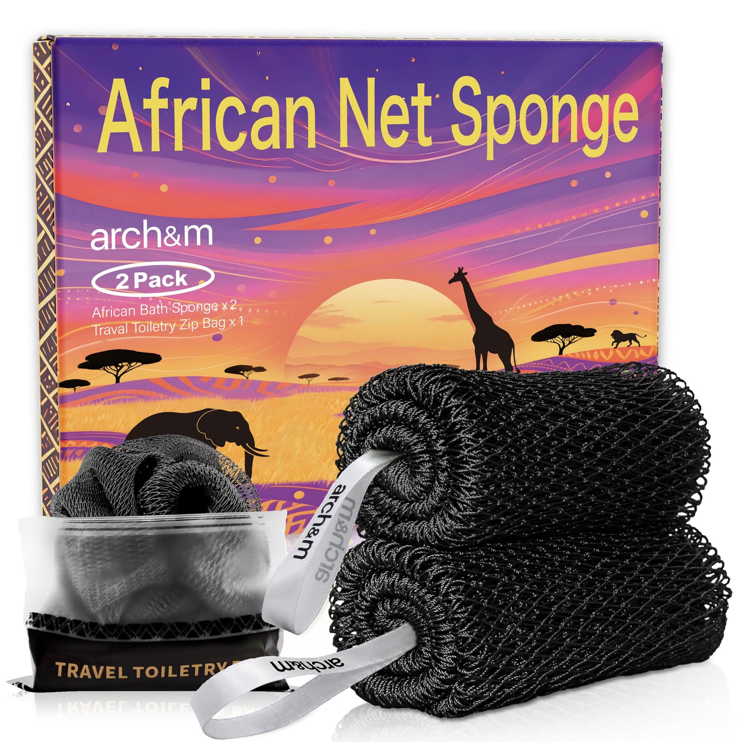 ARCH&M African Net Sponge Authentic, Shower Back Scrubber, Black, 2 Pack Beauty and Personal Care ARCH&M Default Title