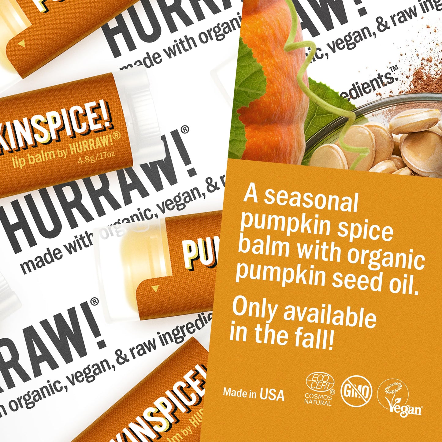 Hurraw! Pumpkin Spice Lip Balm: Organic, Certified Vegan, Cruelty and Gluten Free. Non-GMO, 100% Natural Ingredients. Bee, Shea, Soy and Palm Free.