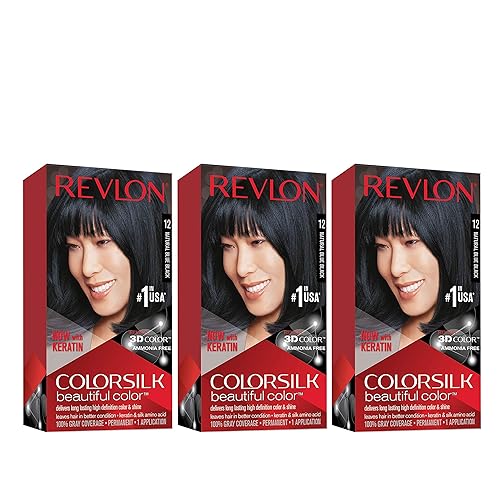 Revlon Permanent Hair Color, Permanent Hair Dye, Colorsilk with 100% Gray Coverage, Ammonia-Free, Keratin and Amino Acids, 12 Natural Blue Black, 4.4