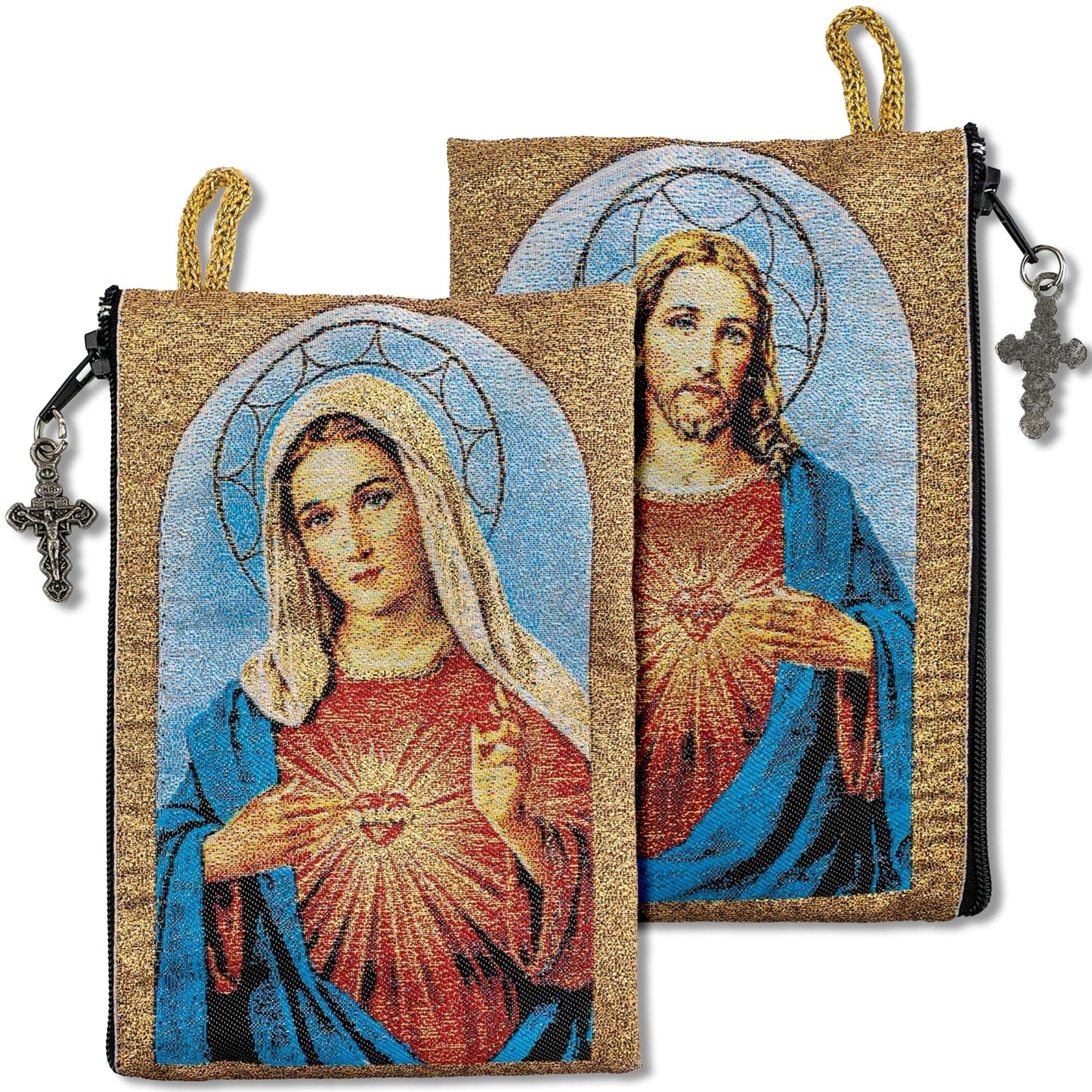 catholic rosary pouch, immaculate heart of mary & sacred jesus, 4" x 6" jewelry coin purse with cross, small woven tapestry icon bag, bolsa de…