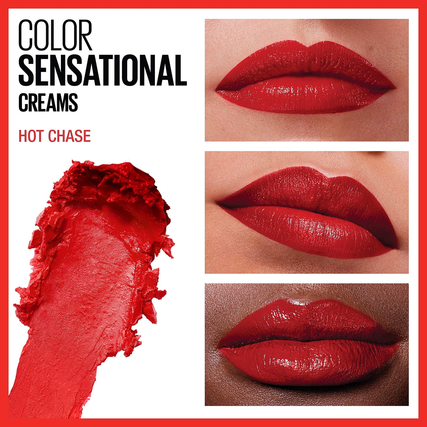 Maybelline Color Sensational Lipstick, Lip Makeup, Cream Finish, Hydrating Lipstick, Nude, Pink, Red, Plum Lip Color, Hot Chase, 0.15 oz; (Packaging