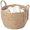 Vintiquewise Decorative Round Wicker Woven Rope Storage Blanket Basket with Braided Handles - Medium