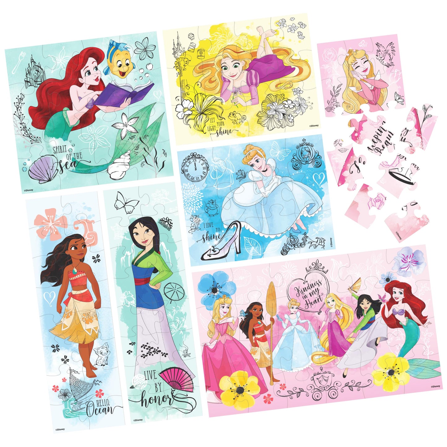 Spin Master Disney Princess Puzzle Set, 7-Pack Jigsaw for Kids Ages 4+, 12/16/24 Piece Puzzles with Ariel, Rapunzel, Tiana & More, Storage Tray