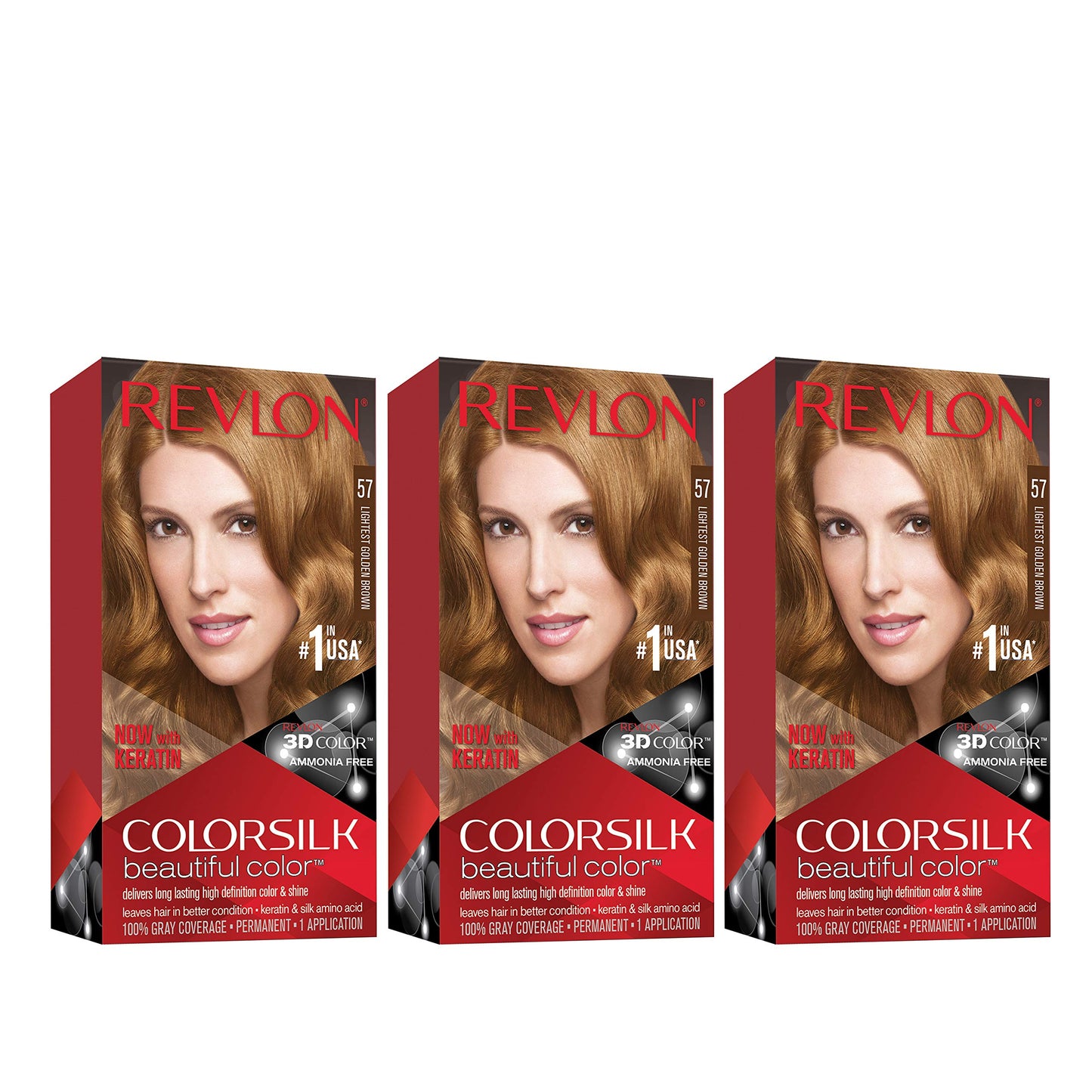 Revlon Permanent Hair Color, Permanent Hair Dye, Colorsilk with 100% Gray Coverage, Ammonia-Free, Keratin and Amino Acids, 57 Lightest Golden Brown