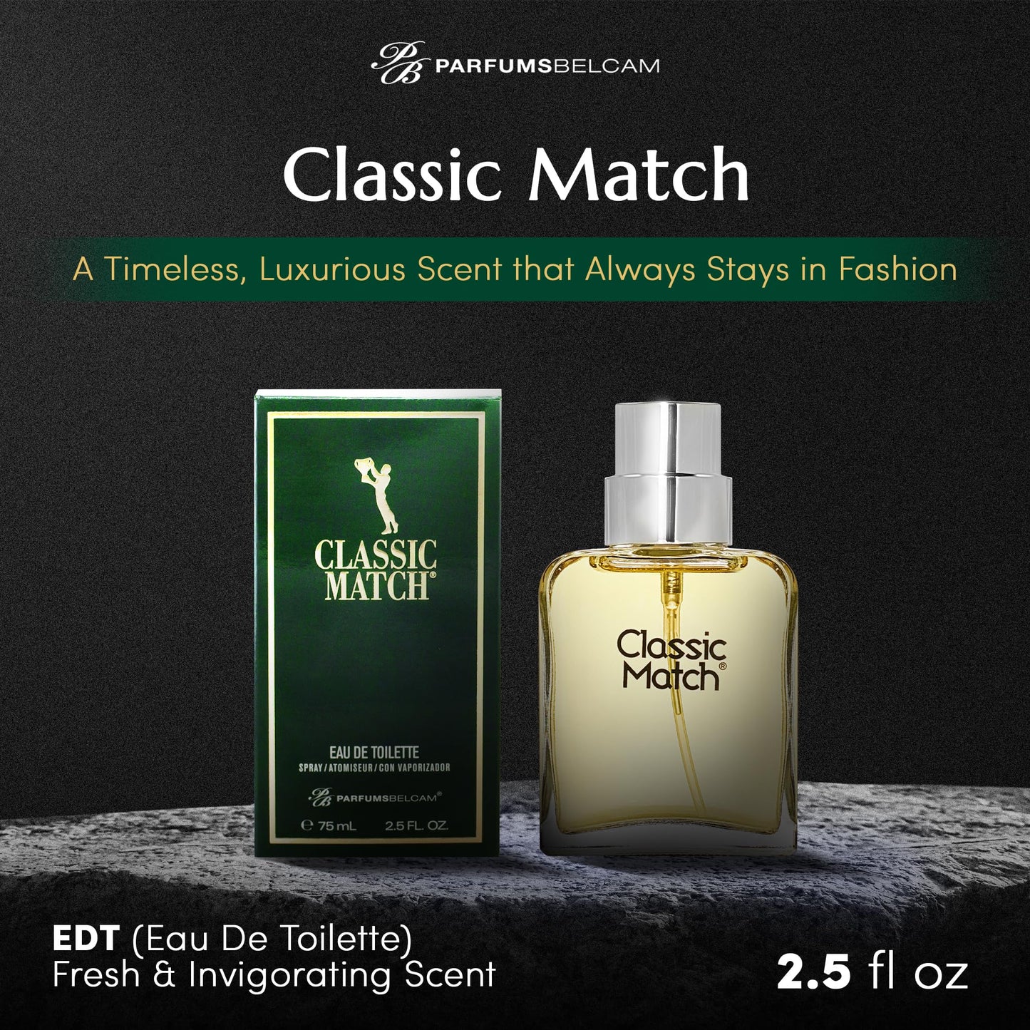 PB ParfumsBelcam Classic Match Green Eau De Toilette Spray for Men - Fresh Chypre Cologne, Bergamot, Basil, Musk, Long-Lasting Masculine Fragrance
