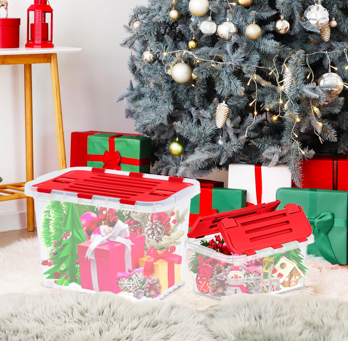 Superio Christmas Storage Box with Red Hinged Lids, Plastic Container Bins for Organizing with Attached Lid, Stackable Crates, BPA Free, Organizers…