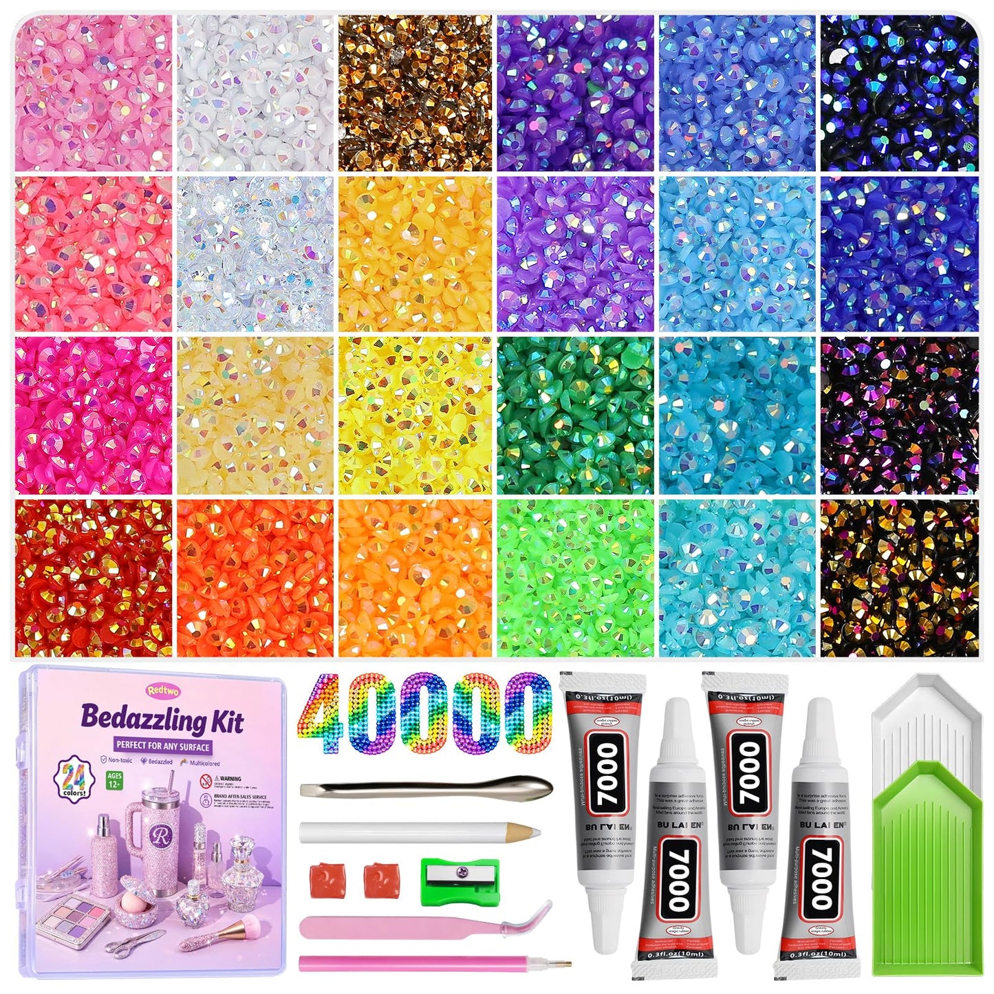 Redtwo 40000Pcs Resin Jelly Rhinestones for Bedazzling, 3mm Multicolor Flatback Rhinestones, Bedazzling Kit with 4Pcs Jewelry Glue and Tools Beauty and Personal Care Redtwo
