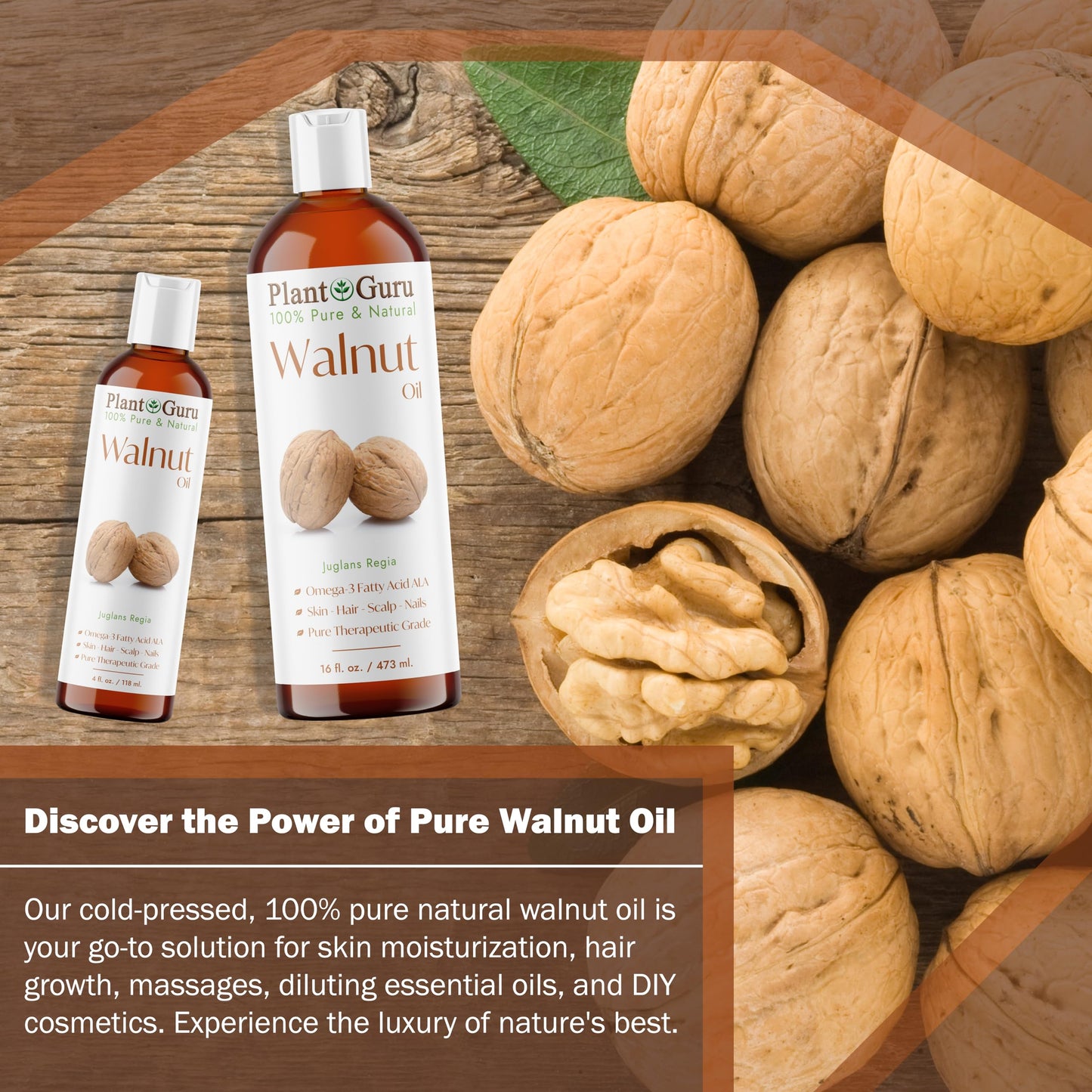 Plant Guru Walnut Oil 2 fl. oz. - Cold Pressed 100% Pure Natural - Skin, Body, Face, and Hair Growth Moisturizer. Great For Creams, Lotions, Lip balm Beauty & Personal Care Plant Guru