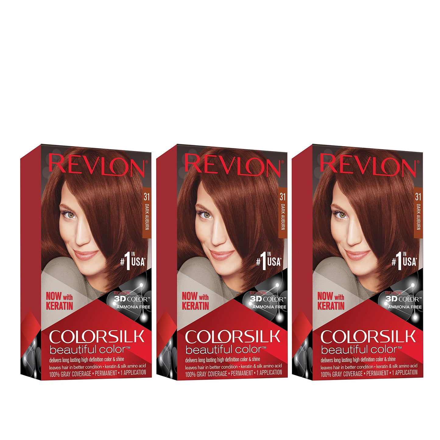 Revlon Permanent Hair Color, Permanent Hair Dye, Colorsilk with 100% Gray Coverage, Ammonia-Free, Keratin and Amino Acids, 31 Dark Auburn, 4.4 Oz