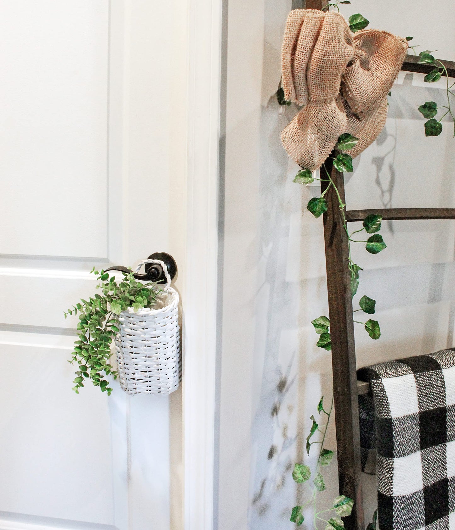 AuldHome Design Wall Hanging Baskets (White, Set of 2); Woven WIcker Rustic Farmhouse White Washed Door Baskets, Small and Medium Size