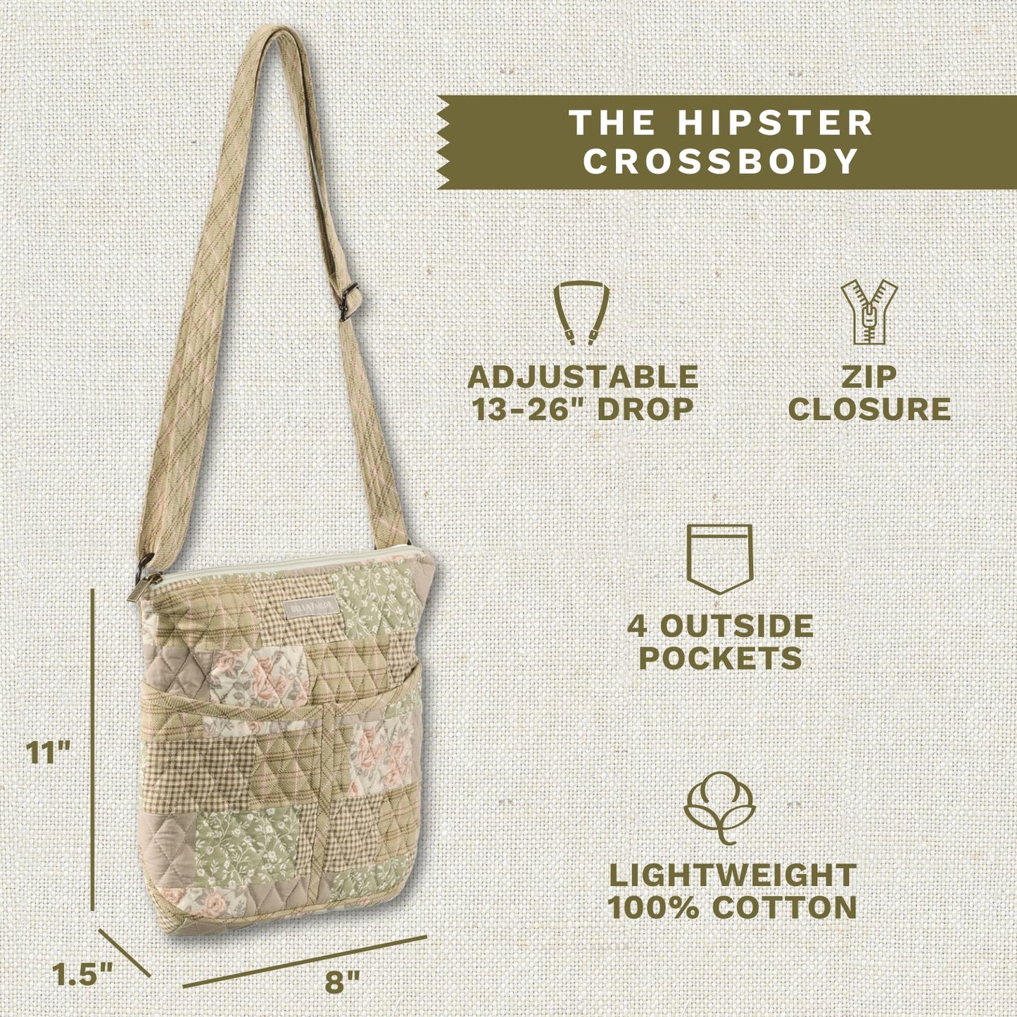 Bella Taylor Hipster Crossbody Bag for Women | Quilted Cotton Fabric Handbag with Adjustable Cross Body Strap | Cameo Rose Patchwork