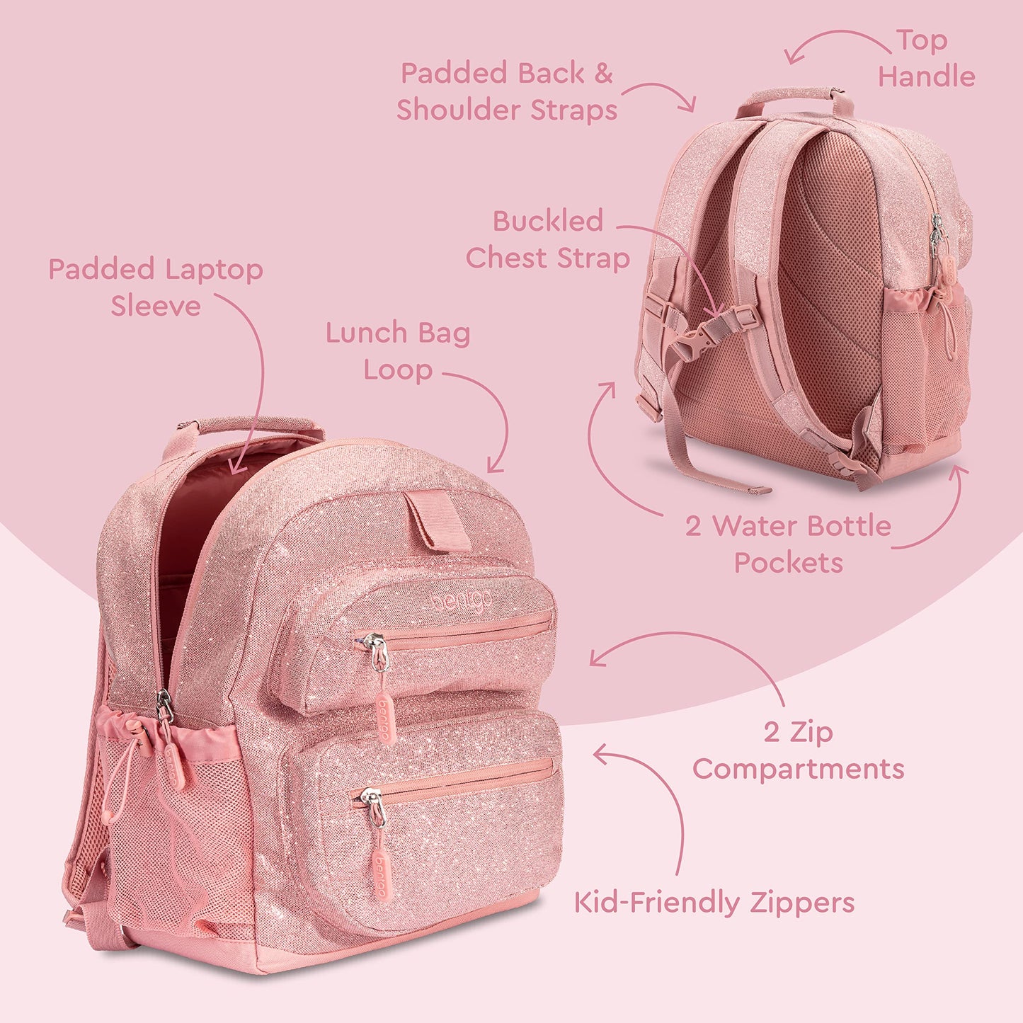 Bentgo Kids Glitter Backpack - Lightweight 14” Backpack for School, Travel & Daycare, Ideal for Ages 4+, Durable & Water-Resistant, Roomy Interior, & Loop for Lunch Bag (Glitter Edition - Petal Pink)