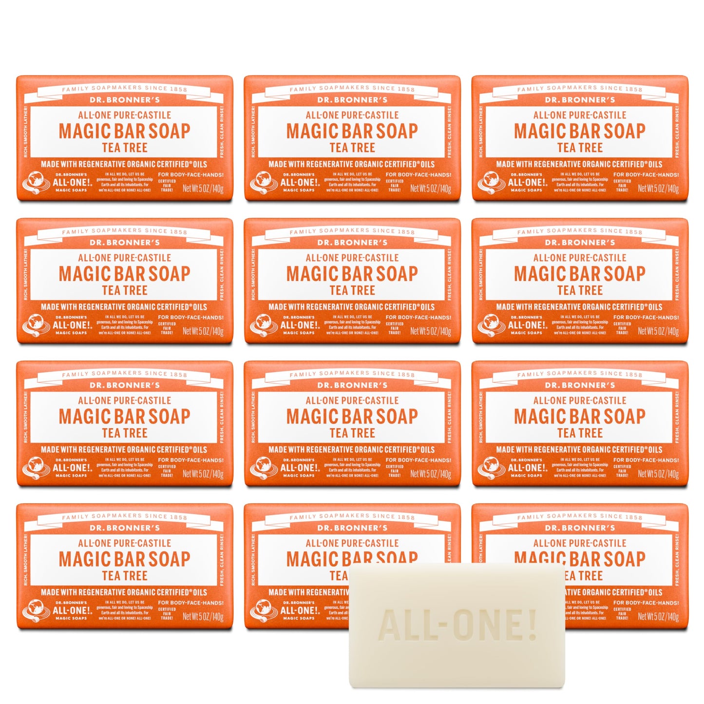 Dr. Bronner's Pure-Castile Magic Bar Soap - Tea Tree, Made with Regenerative Organic Certified Oils, For Face, Body & Hair, Gentle, Vegan, Non-GMO