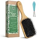 Natural Boar Bristle Hair Brush for Women, Men, Kids; Dry and Wet Detangling Hair Brush Gently Enhances Shine, Smooths Frizz and Prevents Breakage