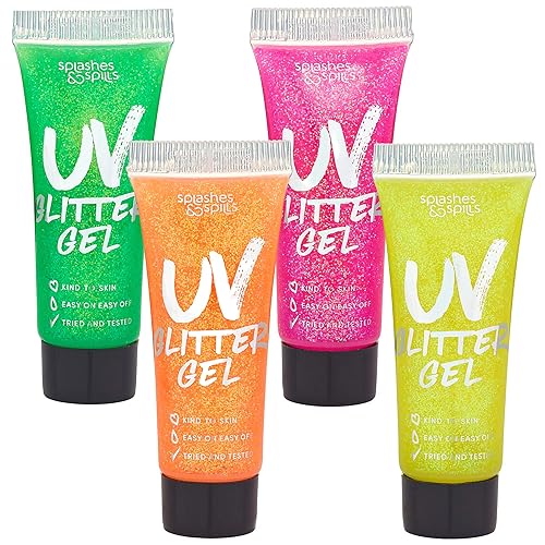 UV Glitter Body Paint Gel - 4 Colors Cosmetic Set for Girls, Women, Adults - 10 ml Tubes with Glowing Effect - Perfect for Dress Up, Festival, Costume