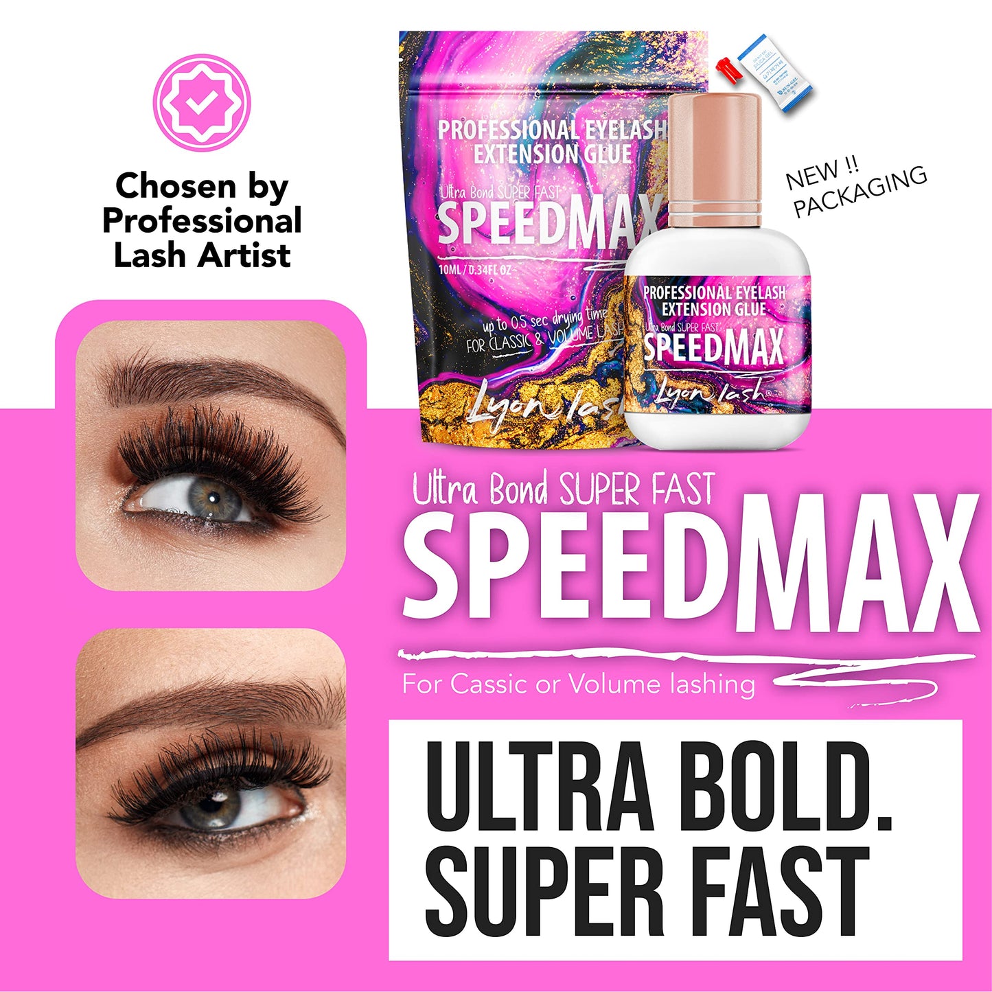 Lyon Lash SPEEDMAX Eyelash Extension Glue, 0.3–1.3s Dry Time, 8 Week Retention, Black Adhesive for Professional Lash Supplies, 10ml/0.34oz