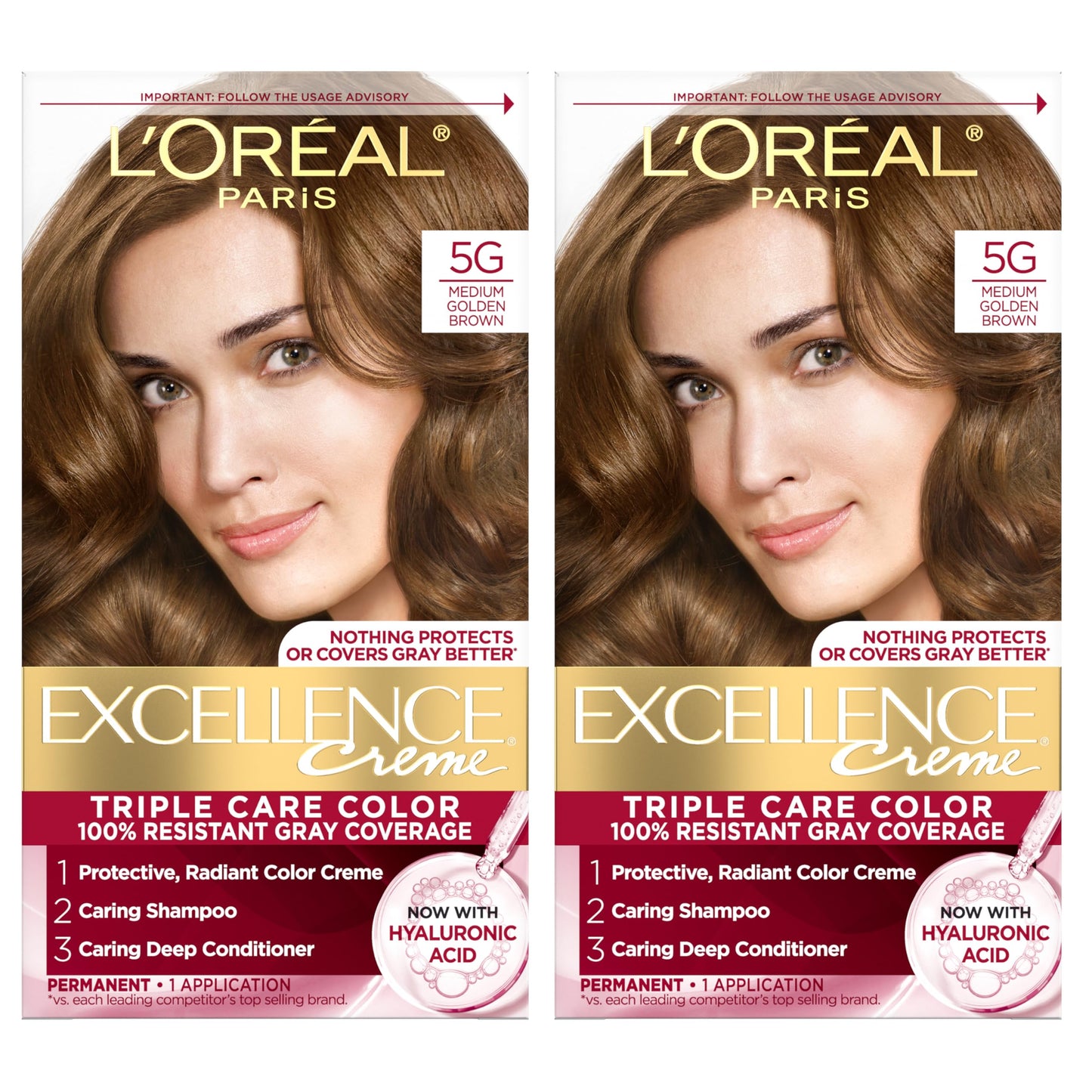 L'Oreal Paris Excellence Crème Permanent Hair Dye, Triple Care Hair Color with Hyaluronic Acid for 100% Gray Coverage, 5G Medium Golden Brown, 1 Kit