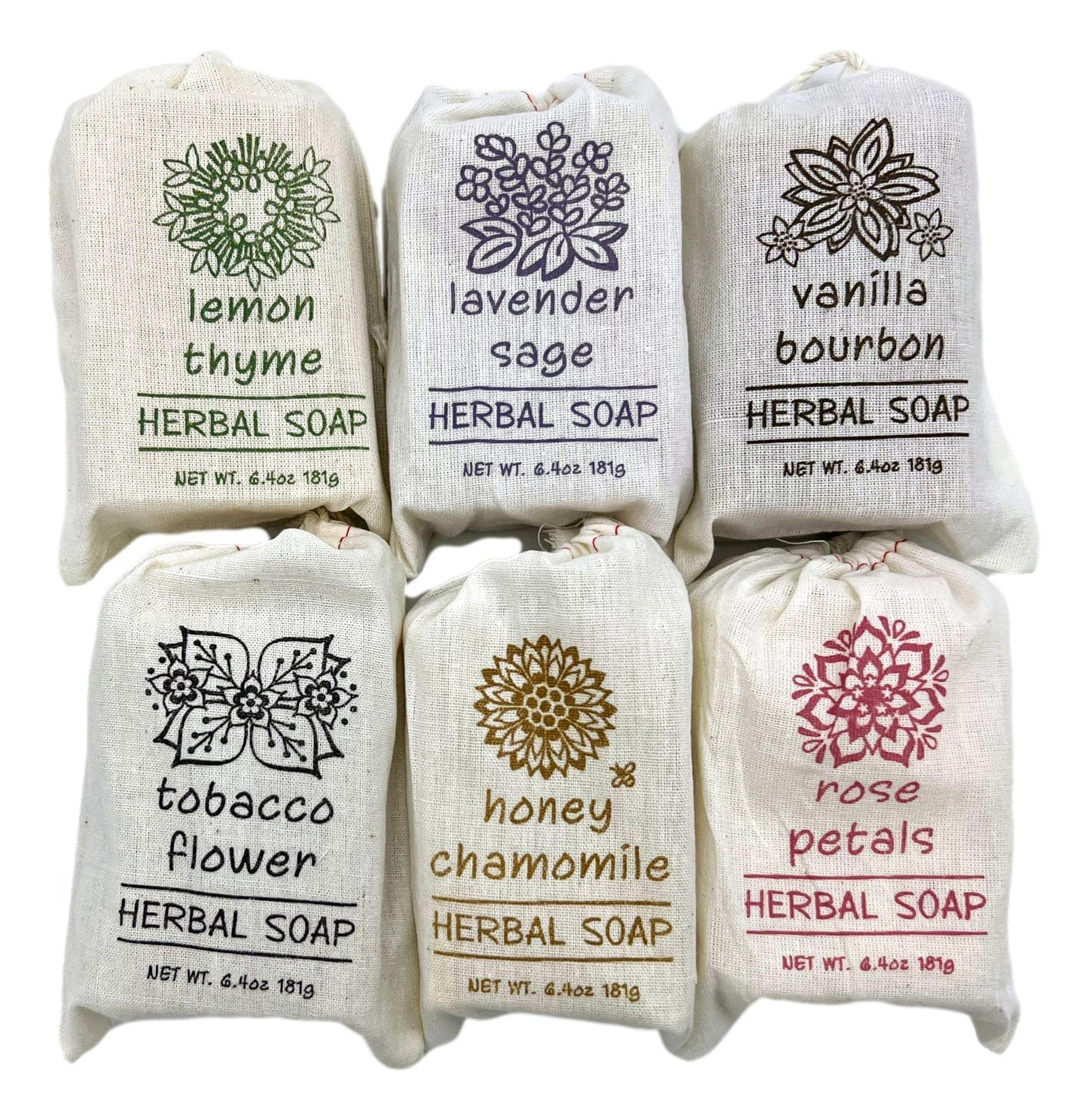 Greenwich Bay Trading Co. Herbal Bar Soap Set, 6 Scents, 6.4 Oz Each - Lemon Thyme, Lavender Sage, Vanilla Bourbon, Tobacco Flower, Honey Chamomile
