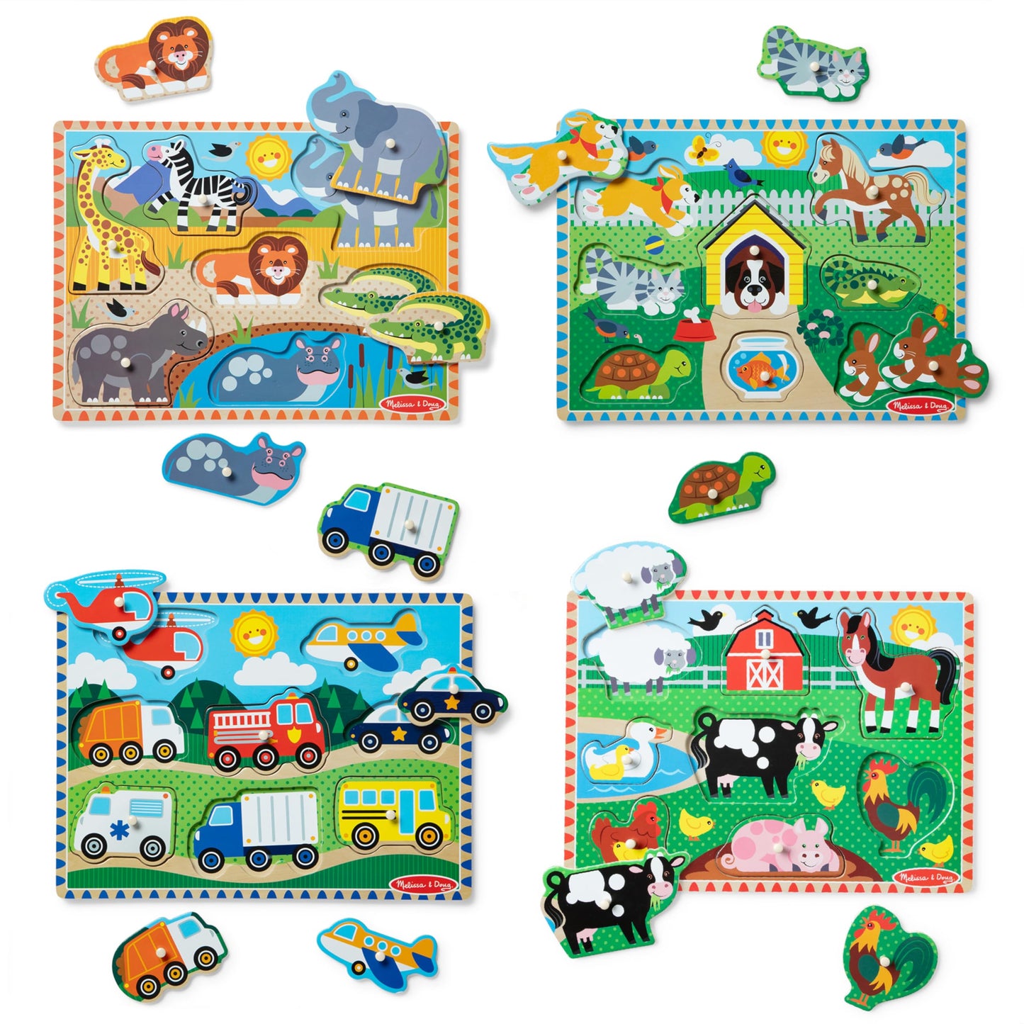 Melissa & Doug 4 Pack Wooden Peg Puzzle Set – Vehicle, Farm, Safari & Pet Animals – Educational Puzzles for Toddlers Ages 2+